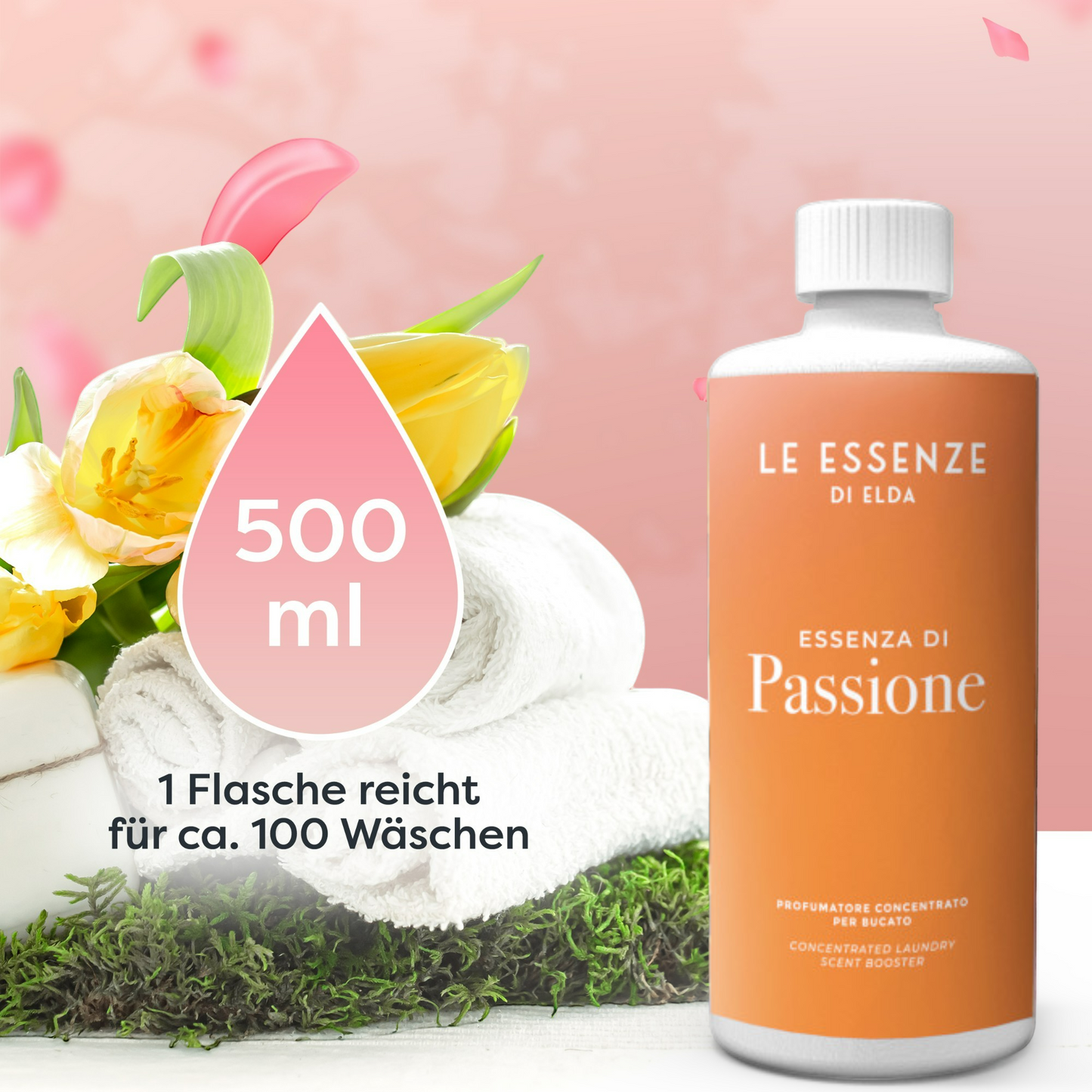 Passione Wäscheparfüm 500 ml von Le Essenze di Elda bei Waschparfüm24, leidenschaftlicher, blumig-fruchtiger Duft für langanhaltende Frische und weiche Wäsche.
