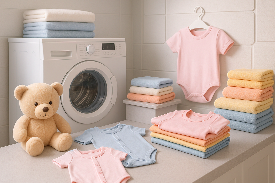 Babykleidung und Kinderkleidung richtig waschen – Futuristische Szene mit moderner Waschmaschine, gefalteten Bodys, bunter Kinderkleidung und Teddybär. Sauber, hygienisch, sanft. Waschparfüm24