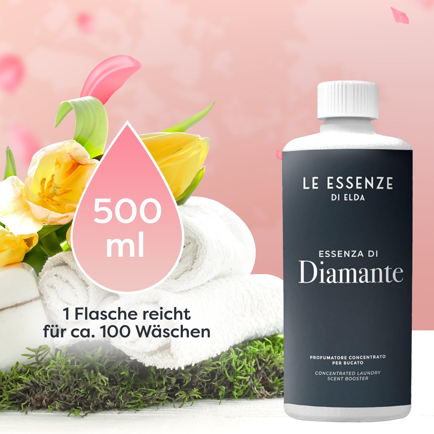 Diamante Wäscheparfüm 500 ml von Le Essenze di Elda bei Waschparfüm24, eleganter Blumenduft mit Moschusnoten, Weichspüler-Ersatz für luxuriöse Wäsche.