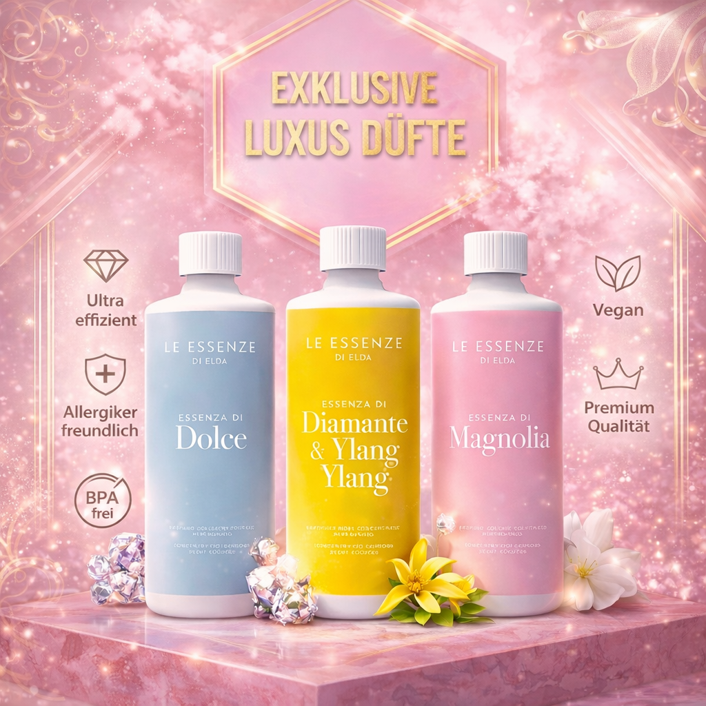 Premium Wäscheparfüms von Le Essenze di Elda mit luxuriösen Düften wie Dolce, Diamante & Ylang Ylang und Magnolia – vegan, BPA-frei, allergikerfreundlich und besonders effizient, hochwertig inszeniert für den Onlineshop.