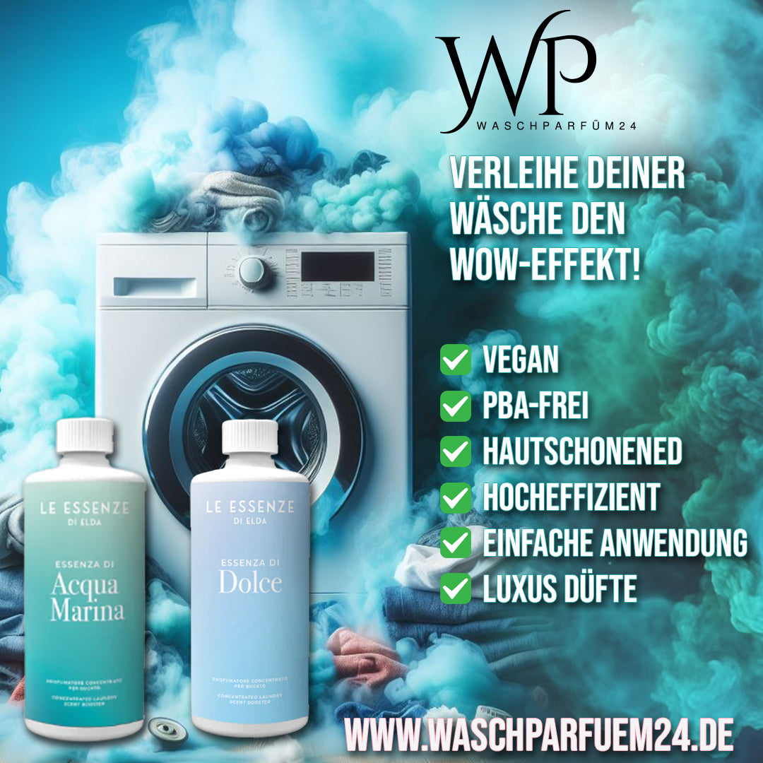 Luxuriöses Dufterlebnis bei Waschparfüm24 – Wäscheparfüms für langanhaltende Frische, ideal als Weichspüler-Ersatz. Für bis zu 100 Waschladungen, hypoallergen und für empfindliche Haut geeignet. Vegane Wäschepflege