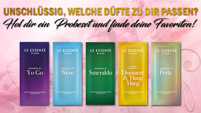 Wäscheparfüm Probeset von Le Essenze di Elda bei Waschparfüm24 – Entdecken Sie eine Auswahl luxuriöser Düfte für langanhaltende Frische und bis zu 100 Waschladungen. Hypoallergen und ideal als Weichspüler-Ersatz.