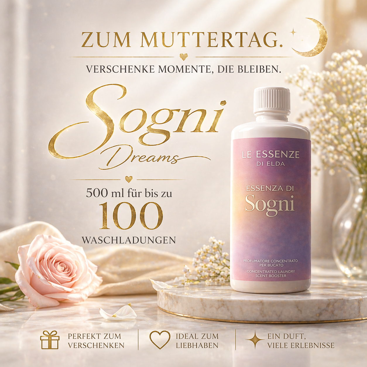 Luxuriöses Muttertags-Werbebild mit Waschparfüm „Sogni“ von Le Essenze di Elda, dargestellt auf edler Marmorplatte mit Rosen, warmem Licht und goldenen Akzenten, mit Hinweis auf 500 ml für bis zu 100 Waschladungen.