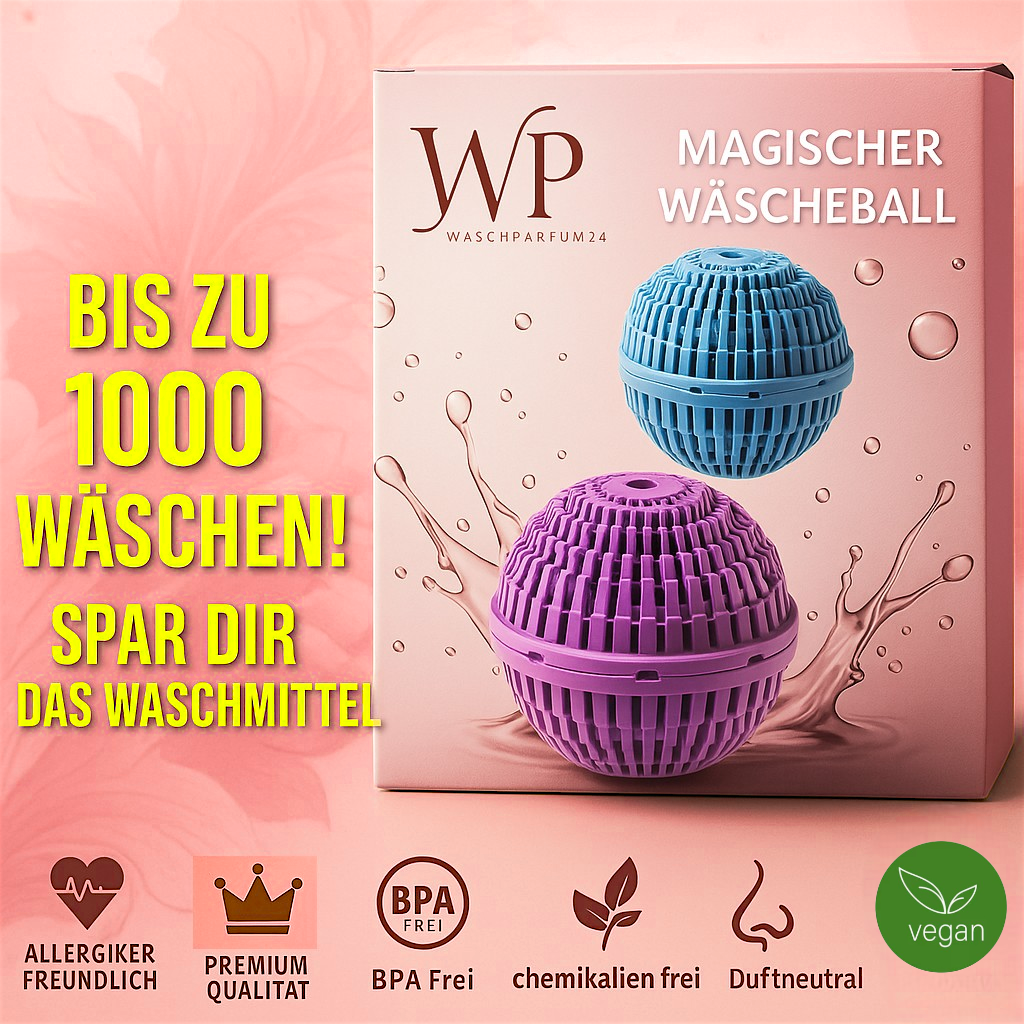 Magischer Wäscheball von Waschparfüm24 – bis zu 1000 Wäschen, spart Waschmittel, vegan, allergikerfreundlich, BPA-frei, chemikalienfrei, duftneutral, Premium Qualität.
