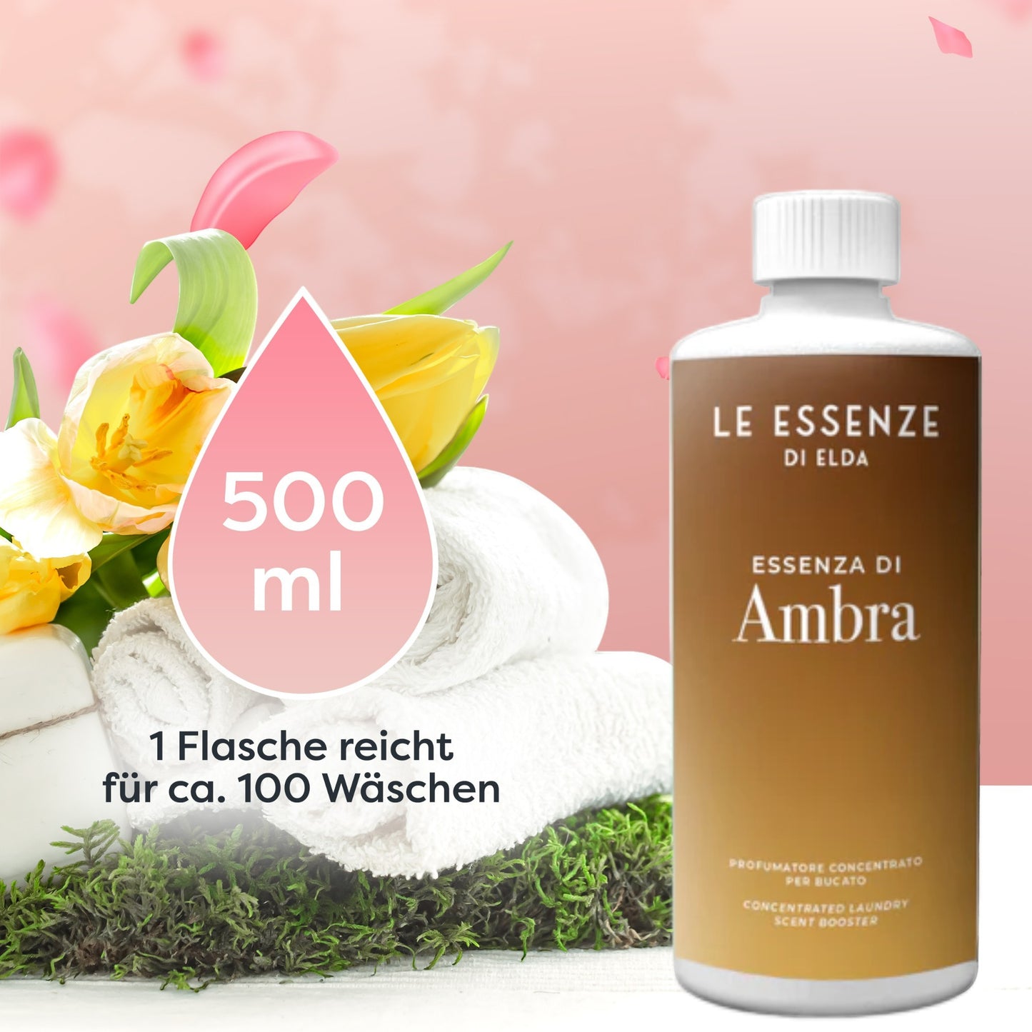 Ambra Wäscheparfüm 500 ml von Le Essenze di Elda bei Waschparfüm24, intensiver Amberduft, sorgt für langanhaltende Frische in Wäsche und Wohnräumen.