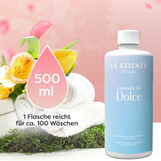 Dolce Wäscheparfüm 500 ml von Le Essenze di Elda bei Waschparfüm24, süßer Babyduft mit Vanille, ideal als Ersatz für herkömmlichen Weichspüler.