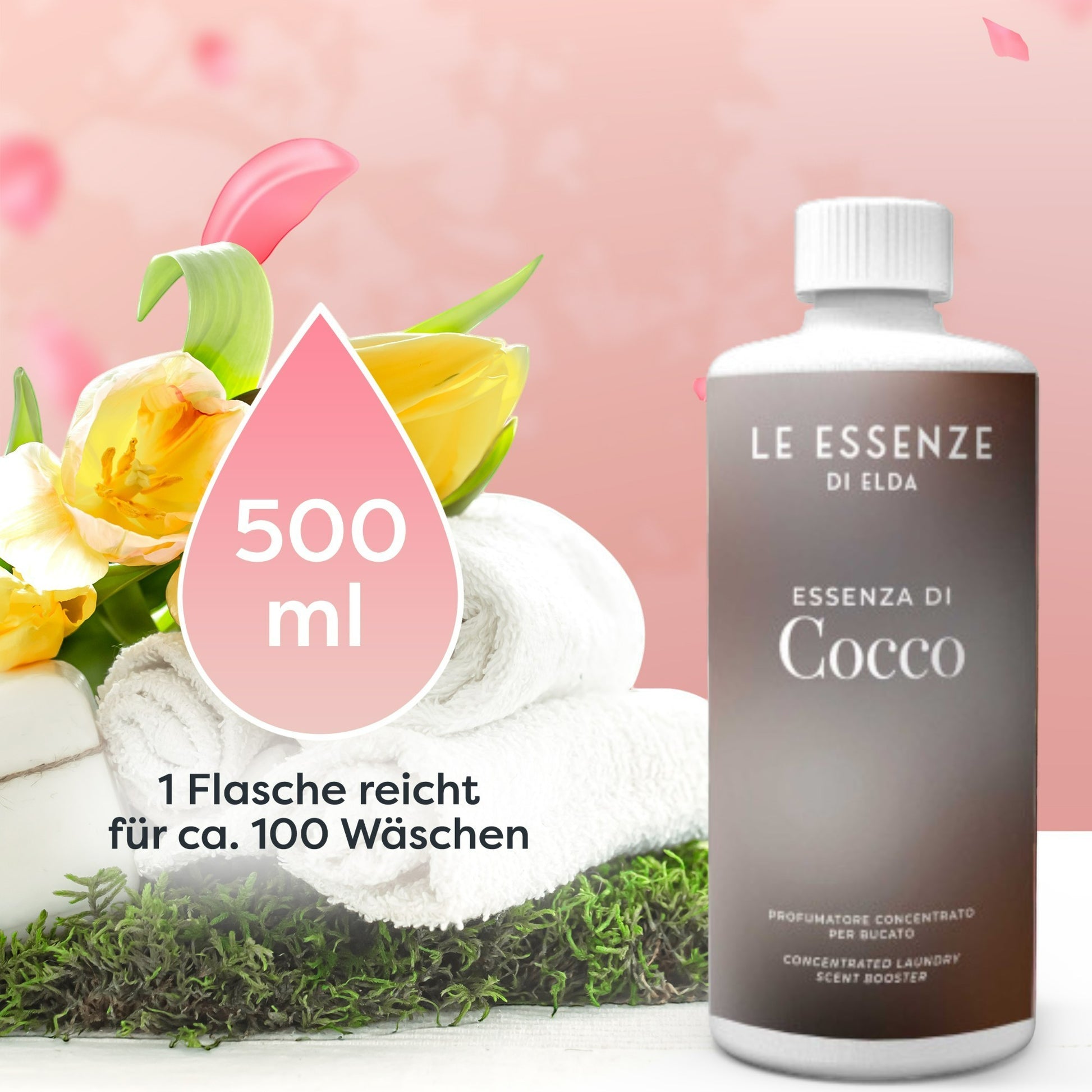 Cocco Wäscheparfüm 500 ml von Le Essenze di Elda bei Waschparfüm24, intensiver Kokosduft, sorgt für duftende Wäsche und ein frisches Wohngefühl.