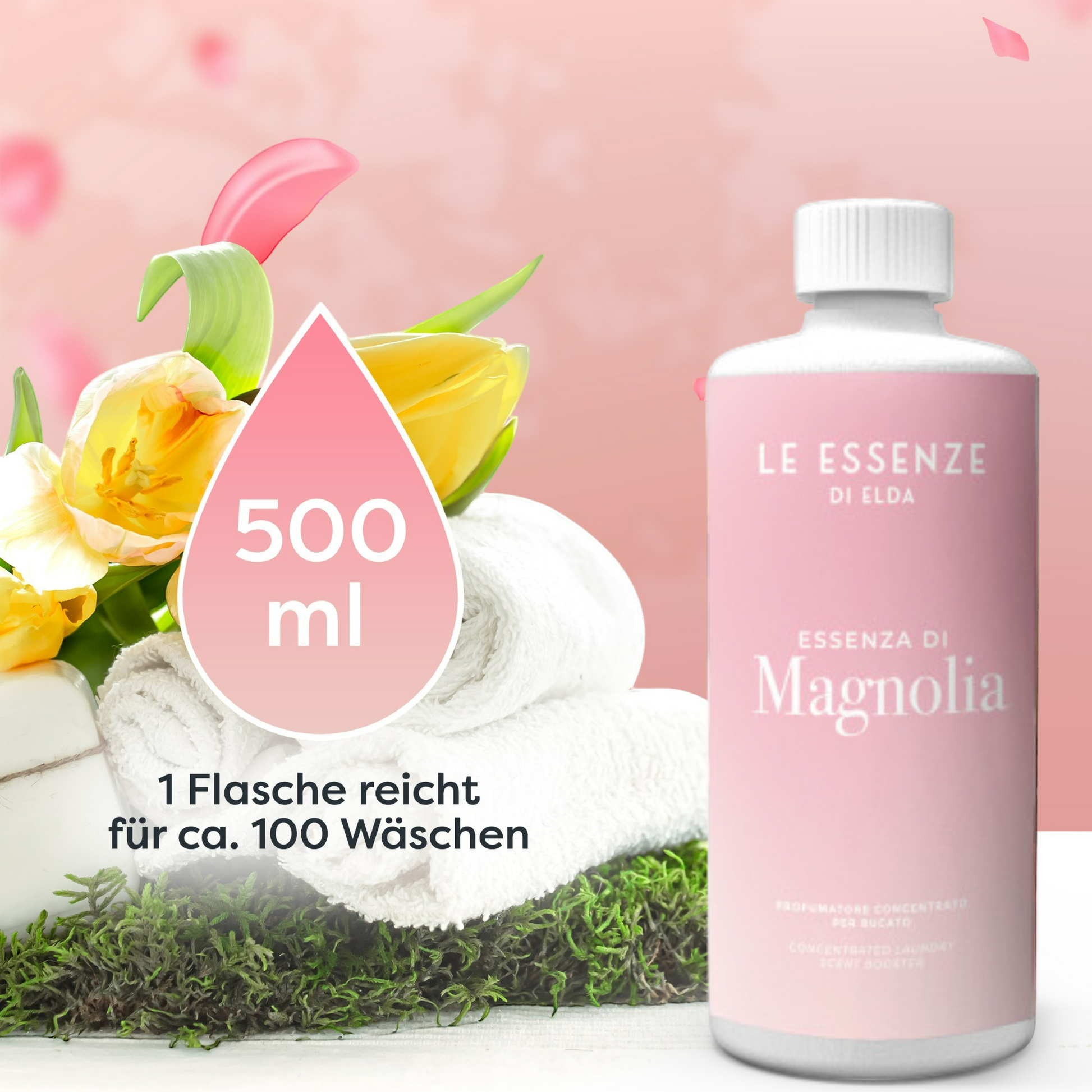 Magnolia Wäscheparfüm 500 ml von Le Essenze di Elda bei Waschparfüm24, intensiver Magnolienduft, sorgt für langanhaltende Frische in Wäsche und Wohnräumen.