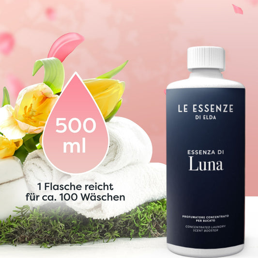 Luna Wäscheparfüm 500 ml von Le Essenze di Elda bei Waschparfüm24, blumig-süßer Duft für langanhaltende Frische, perfekter Ersatz für herkömmlichen Weichspüler.