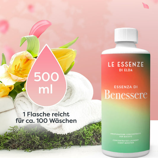 Benessere Wäscheparfüm 500 ml von Le Essenze di Elda bei Waschparfüm24, beruhigender Duft für langanhaltende Frische, ideal als Weichspüler-Ersatz.