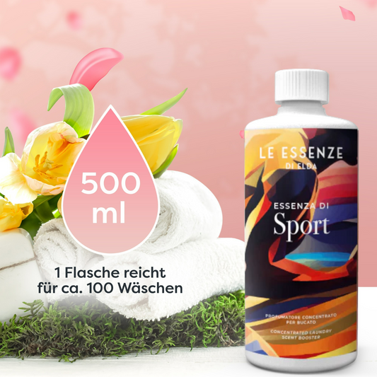 Sport Wäscheparfüm 500 ml von Le Essenze di Elda bei Waschparfüm24, wohlriechender Weichspüler-Ersatz mit langanhaltendem Frischeduft für Ihre Sportwäsche.