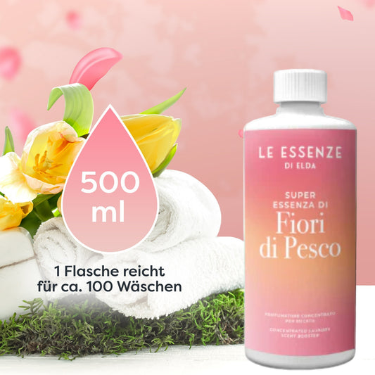 Fiori di Pesco Wäscheparfüm 500 ml von Le Essenze di Elda bei Waschparfüm24, blumiger Pfirsichduft für langanhaltende Frische und Pflege von Textilien.