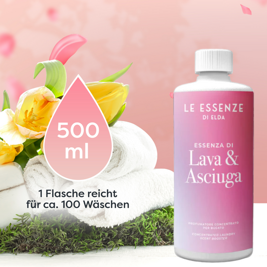 Lava & Asciuga Wäscheparfüm 500 ml von Le Essenze di Elda bei Waschparfüm24, intensiver Frischeduft, sorgt für langanhaltende Duftwirkung in Wäsche und Wohnräumen.