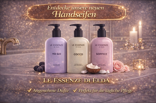 Le Essenze di Elda Handseifen – luxuriöse Handseifen YO GO, COCCO und SOFFICE in edlem Badezimmer-Setting mit goldenen Akzenten auf Waschparfüm24 wp24