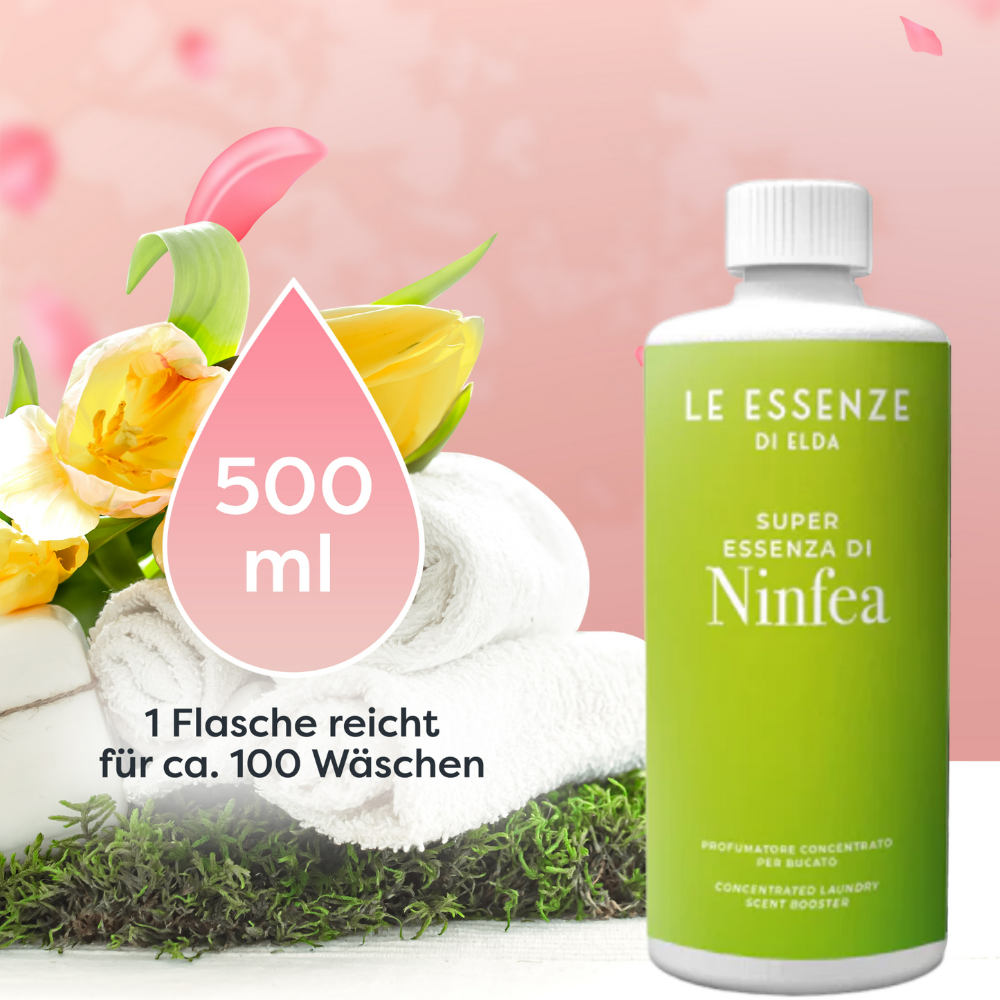 Ninfea Wäscheparfüm 500 ml von Le Essenze di Elda bei Waschparfüm24, hochkonzentrierter Blumenduft, ideal als Ersatz für herkömmlichen Weichspüler.