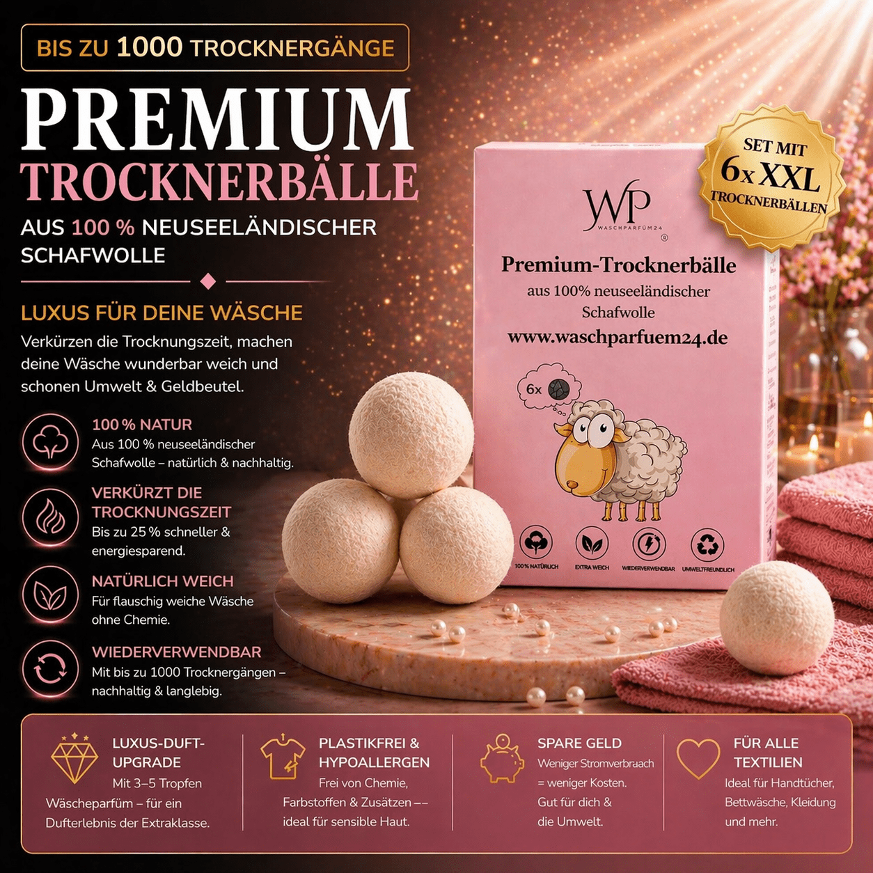 Premium Trocknerbälle – 6x XXL für Luxus - Duft & Weichheit - Waschparfüm24