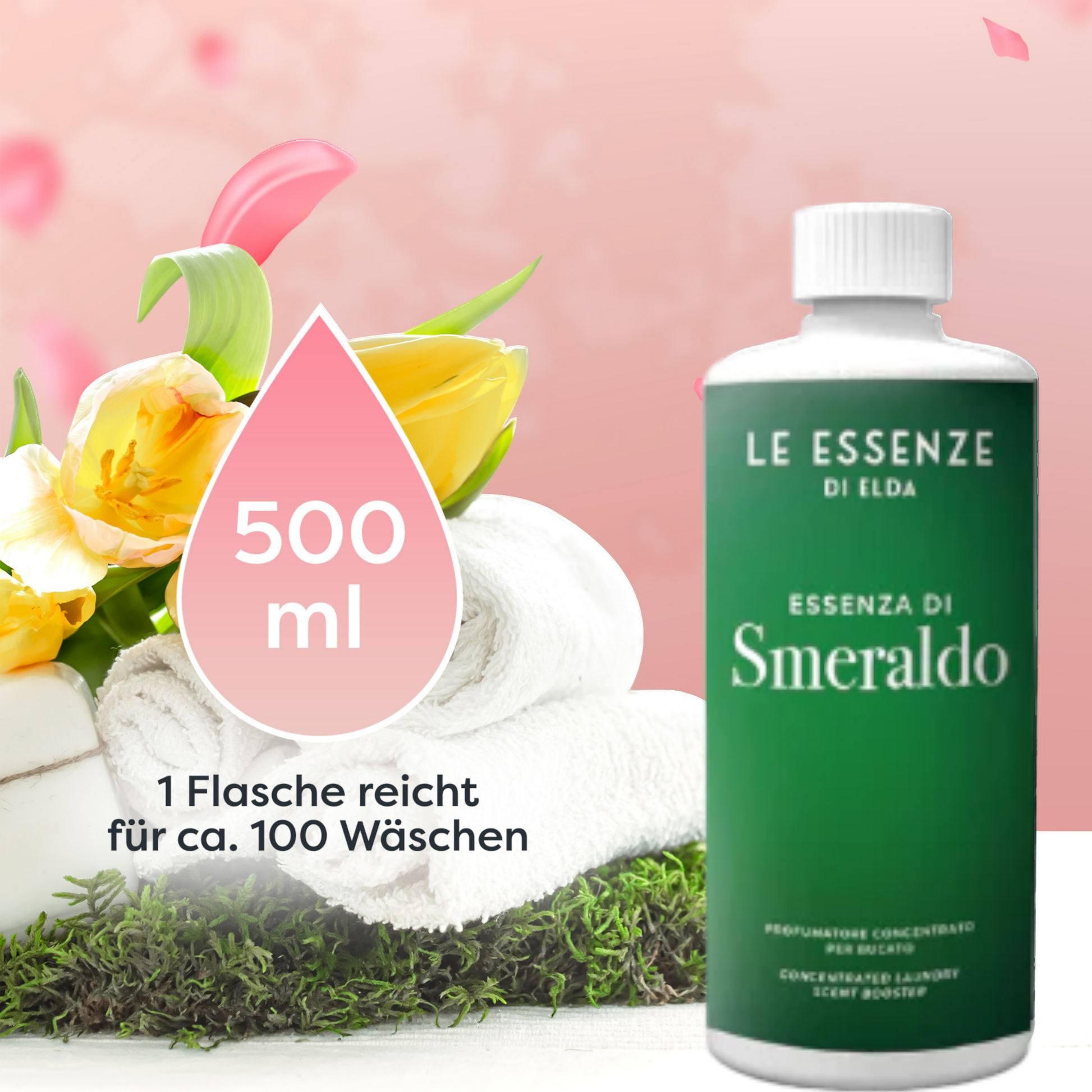 Smeraldo Wäscheparfüm 500 ml von Le Essenze di Elda bei Waschparfüm24, weißer Moschusduft mit süßen Noten, ideal für langanhaltende Frische.