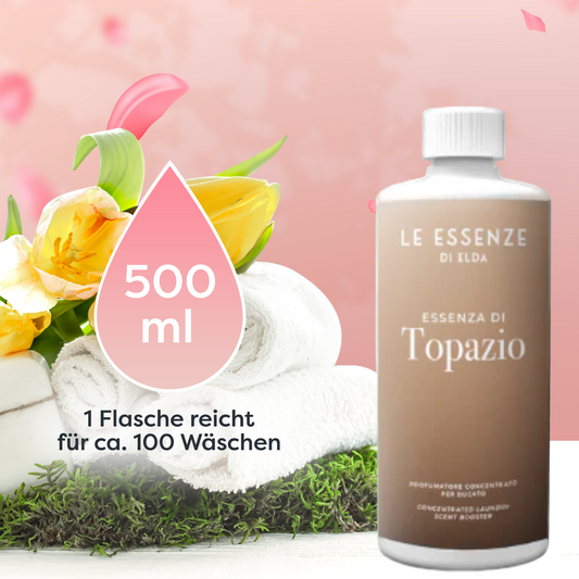 Topazio Wäscheparfüm 500 ml von Le Essenze di Elda bei Waschparfüm24, luxuriöser Duft mit holzigen Noten, ideal für gepflegte und duftende Wäsche.