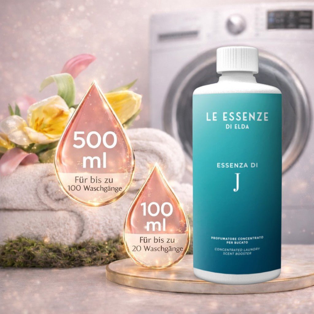 Wäscheparfüm J 500 ml von Le Essenze di Elda – intensiver Blumenduft mit holzigen und moschusartigen Basisnoten, hochkonzentriert für bis zu 100 Waschgänge