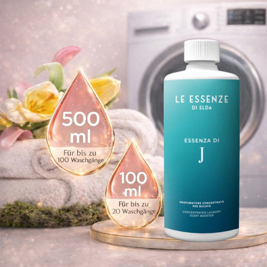 Wäscheparfüm J 500 ml von Le Essenze di Elda – intensiver Blumenduft mit holzigen und moschusartigen Basisnoten, hochkonzentriert für bis zu 100 Waschgänge