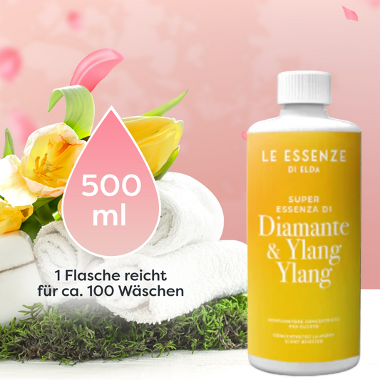 Ylang Ylang Wäscheparfüm 500 ml von Le Essenze di Elda bei Waschparfüm24, exotischer Duft, der Wäsche und Räume langanhaltend erfrischt und duften lässt.